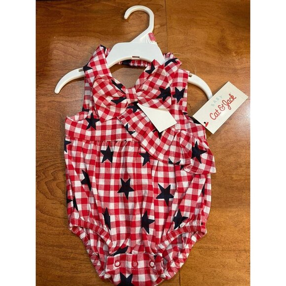 Baby Girls Red Gingham Star Print Sleeveless Romper W/ Matching Bow By Cat & Jac - Picture 2 of 2